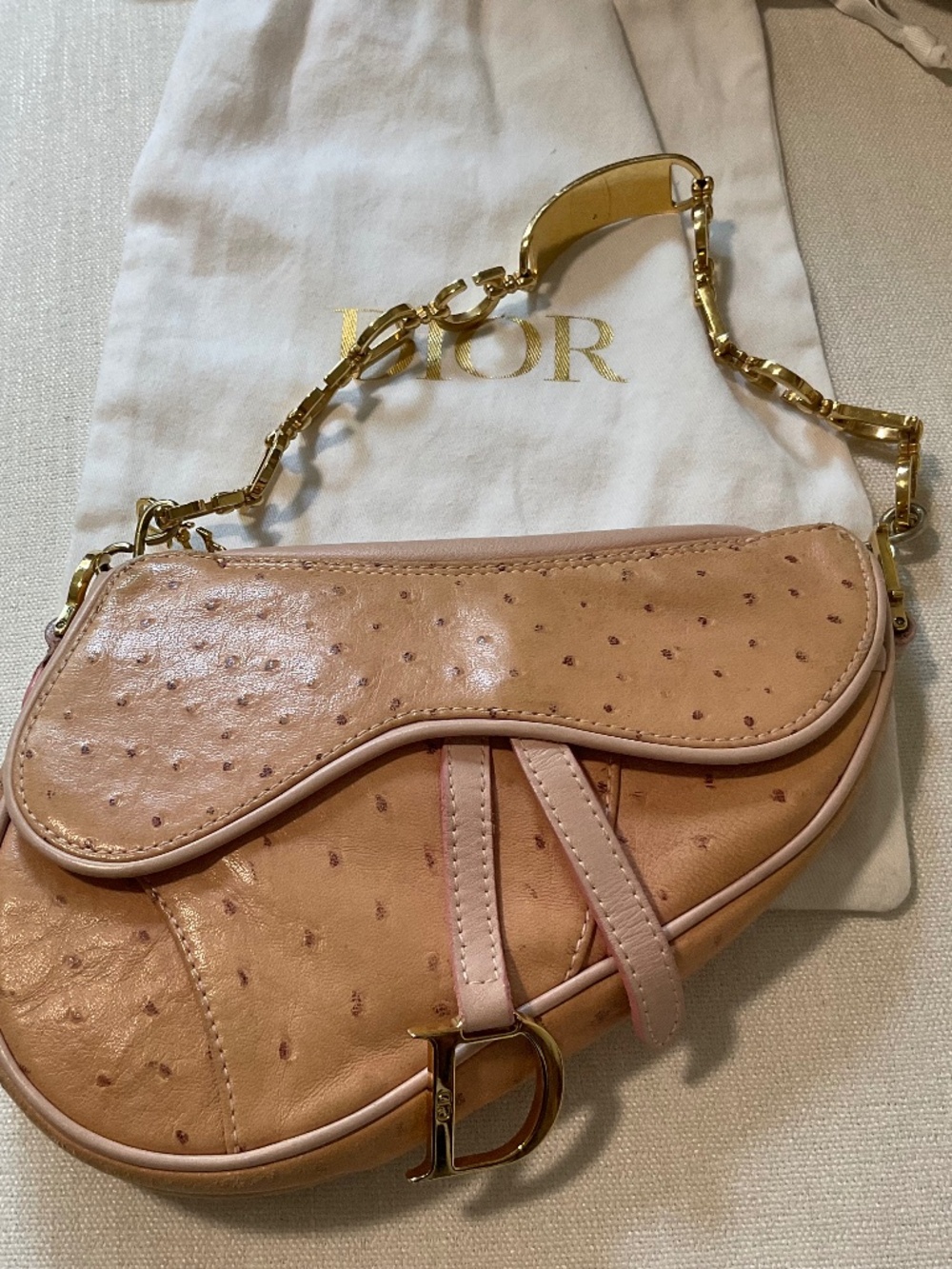 RARE Dior pink ostrich mini saddle bag with gold chain